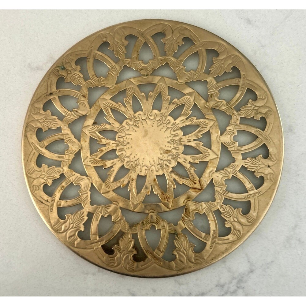 Vintage 6.25” Brass and Glass Ornate Trivet Pot Cooler